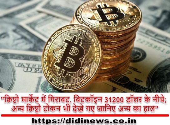 "क्रिप्टो मार्केट में गिरावट, बिटकॉइन 31200 डॉलर के नीचे; अन्य क्रिप्टो टोकन भी देखे गए जानिए अन्य का हाल"