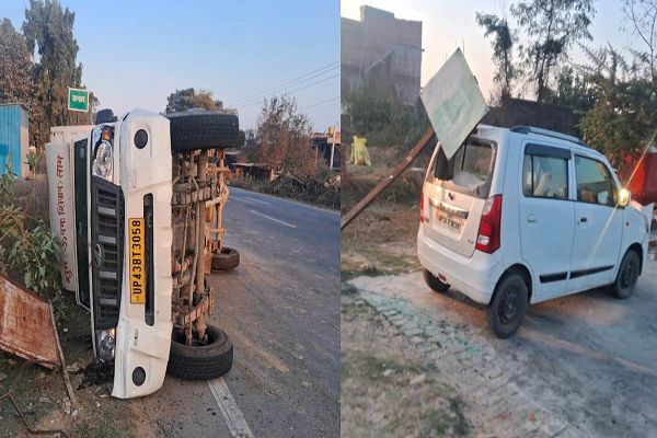 OMG! अचानक फटा पिकअप का टायर, पोल से टकराई गाड़ी, कांस्टेबल की कार भी हुई शिकार, शीशा टूटा